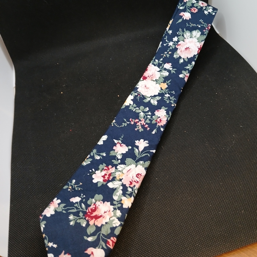 Floral groomsman ties 59" x 2 1/2"  Blue with pink roses.    Hang